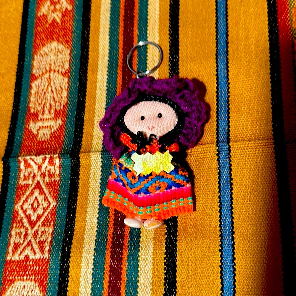 Collectible miniature doll key chain handmade purple crocheted textiles cho cho
